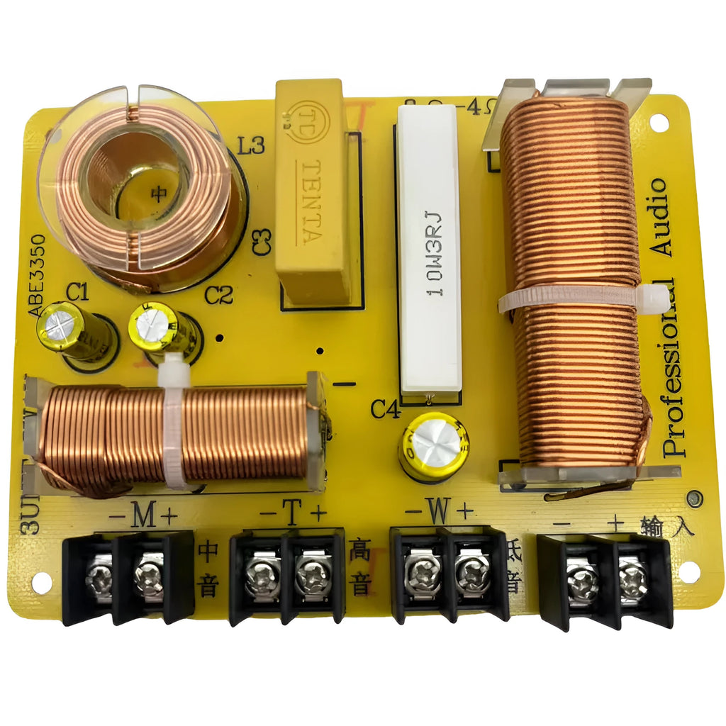 400W three-way audio crossover with through-hole mounting and solderless design