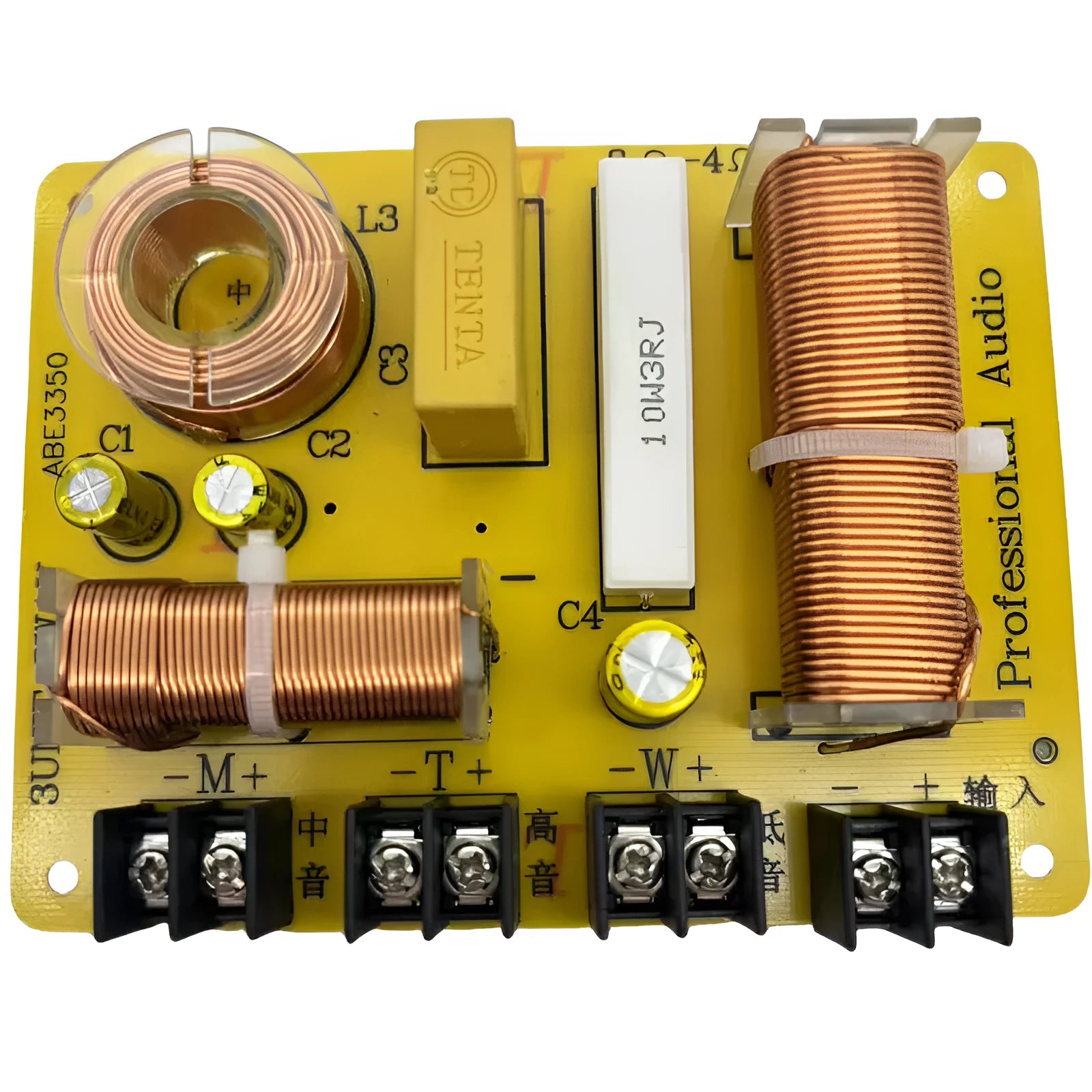 400W three-way audio crossover with through-hole mounting and solderless design