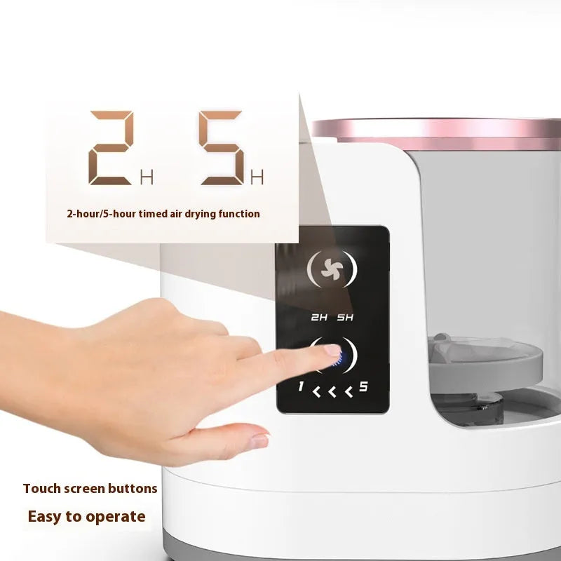 White rechargeable electric makeup brush cleaner with drying chamber and control buttons