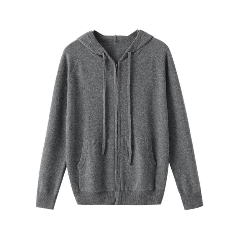 Men's hooded cashmere cardigan with zipper front in solid colours for work wear