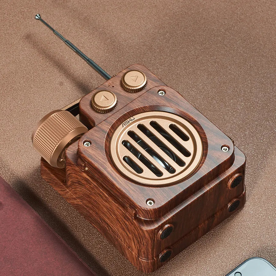 Retro lightweight compact wireless Bluetooth speaker in Rosewood Gold with plastic shell