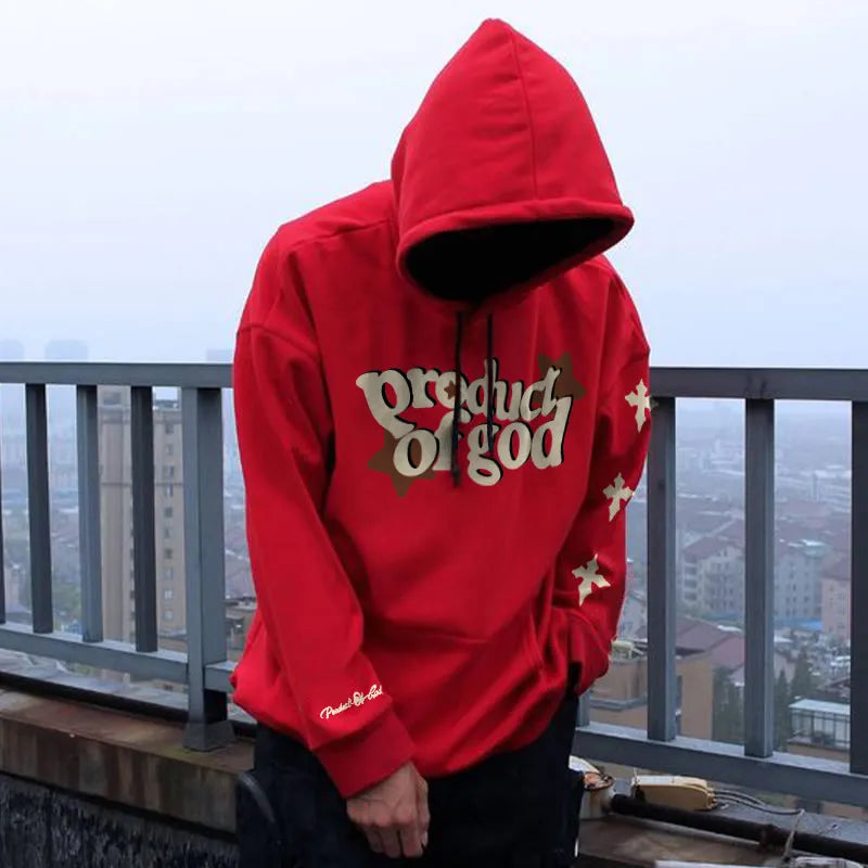 Men's blue printed pullover hoodie with front pocket and drawstring on polyester fabric