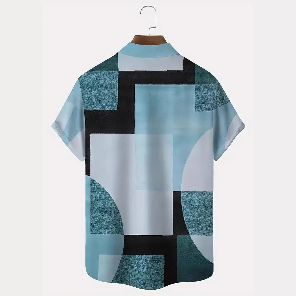 Men's geometric print cardigan shirt with 3D contrast squares in loose fit short sleeve design