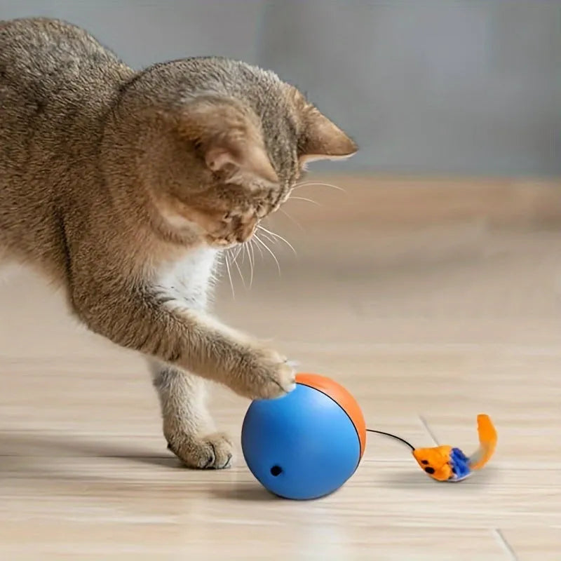 Grey and orange interactive cat toy ball with attached plush mouse and feather tail.