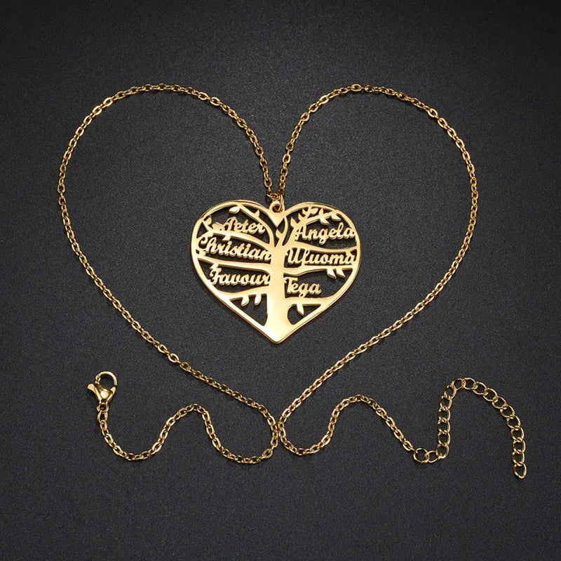 Custom name necklace with hollow heart and tree of life pendant in silver, gold, or rose gold finish.