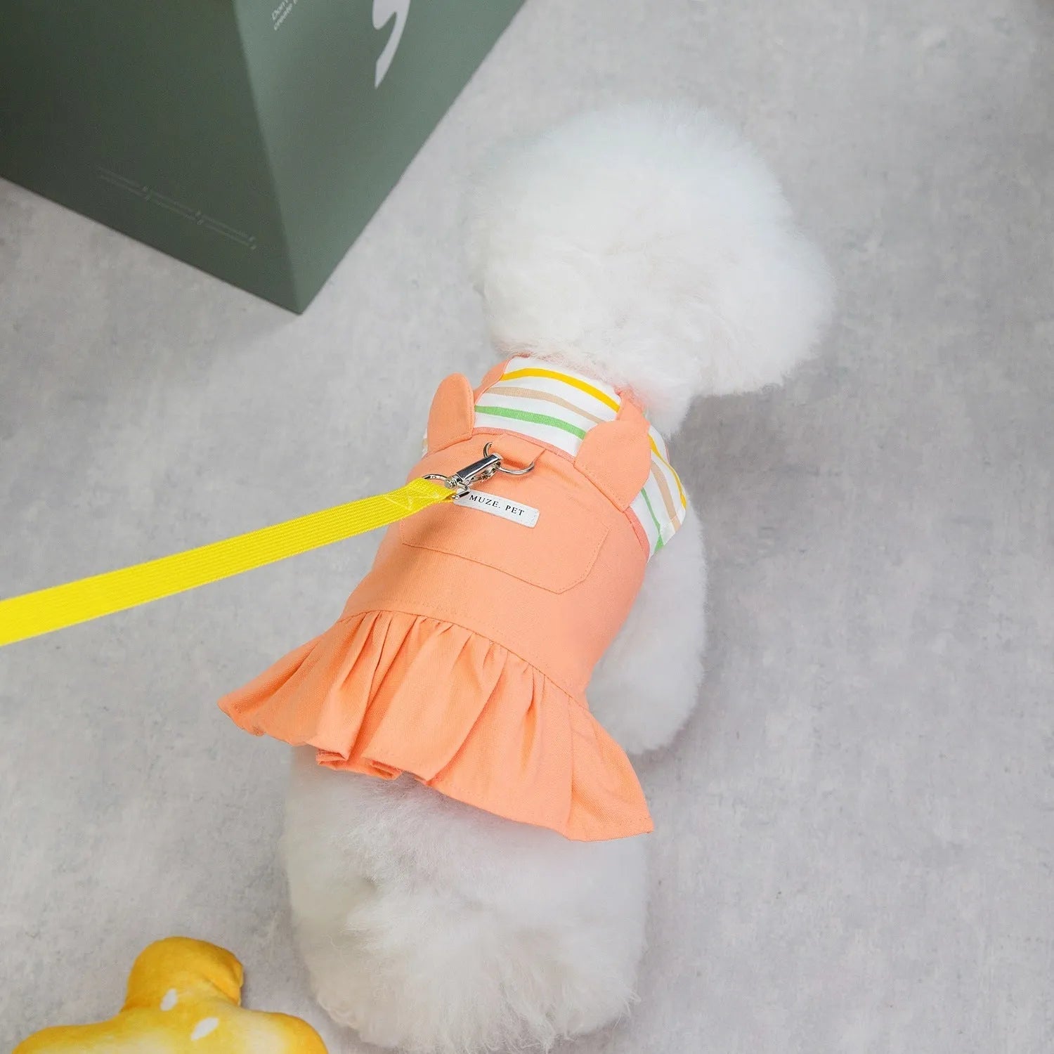 Striped patchwork dog skirt in cotton material showing orange and yellow colour options