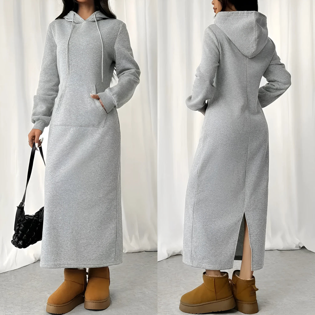 Women's casual long sleeve hoodie dress with drawstring waist and side pockets in solid colour