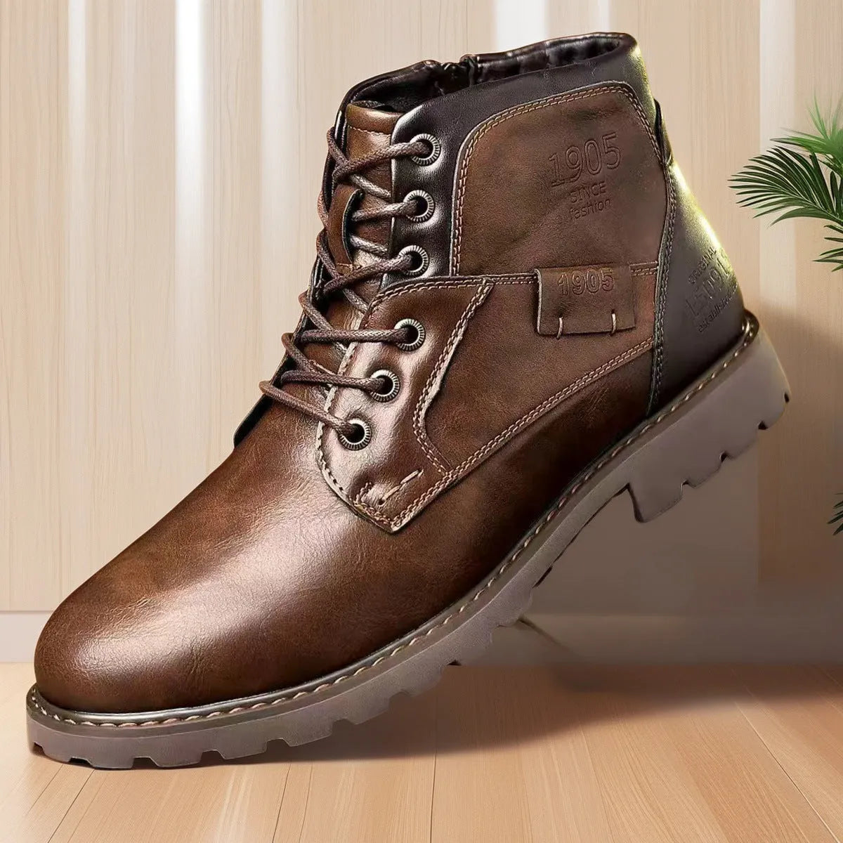 Men's brown Martin ankle boots with side zipper and rubber sole