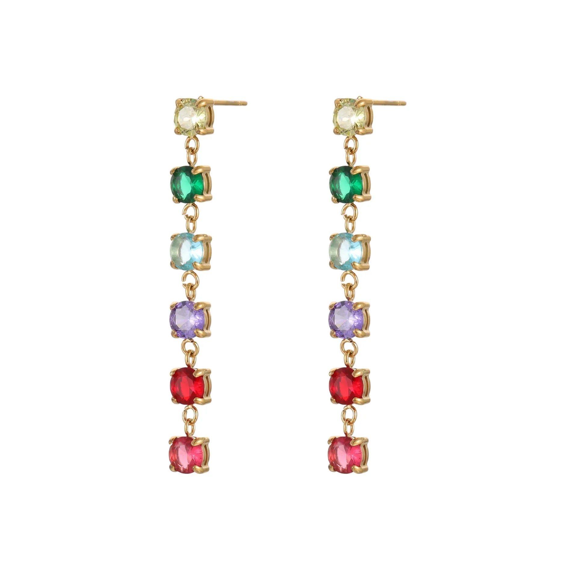 Gold-finish stainless steel earrings with inlaid colour zircon in geometric round and diamond pattern