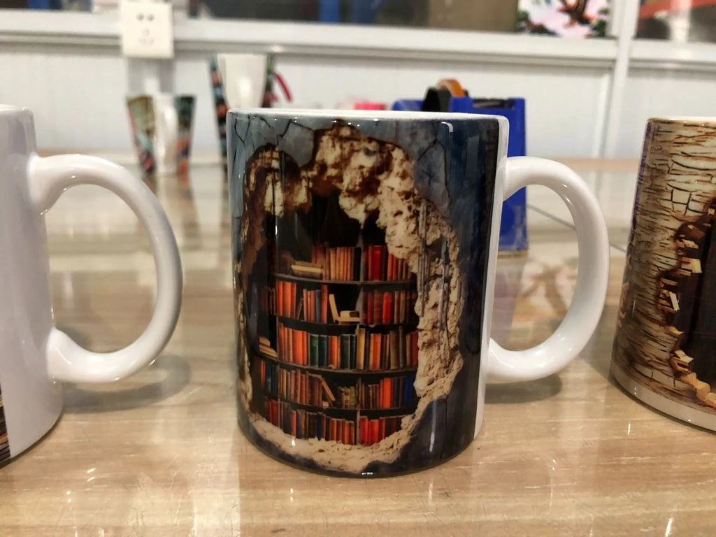 3D bookshelf ceramic mug with handle, library print, 350ml capacity, 9.8x8cm
