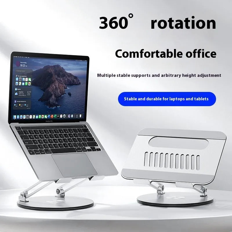 Silver aluminium laptop stand with rotatable base in folded position