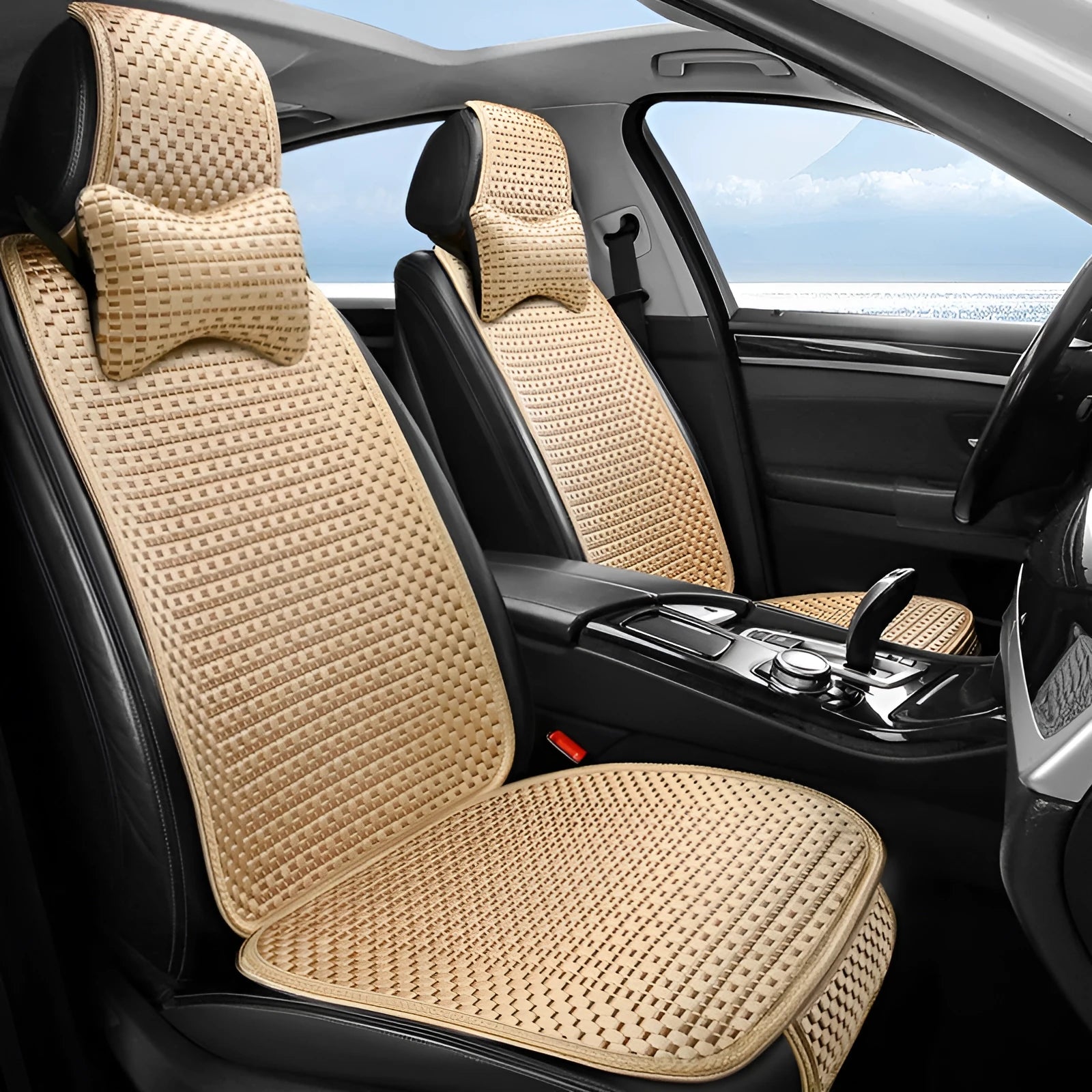 Ice silk car seat cushion in warm cream colour with flat minimalist design sitting on a car seat.