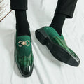 Men's black pointed toe leather casual shoes with low top and stitching detail.