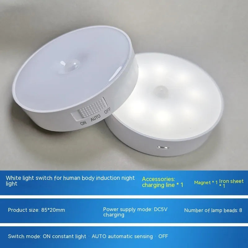 Small round white USB rechargeable motion sensor LED night light with 3M adhesive tape.