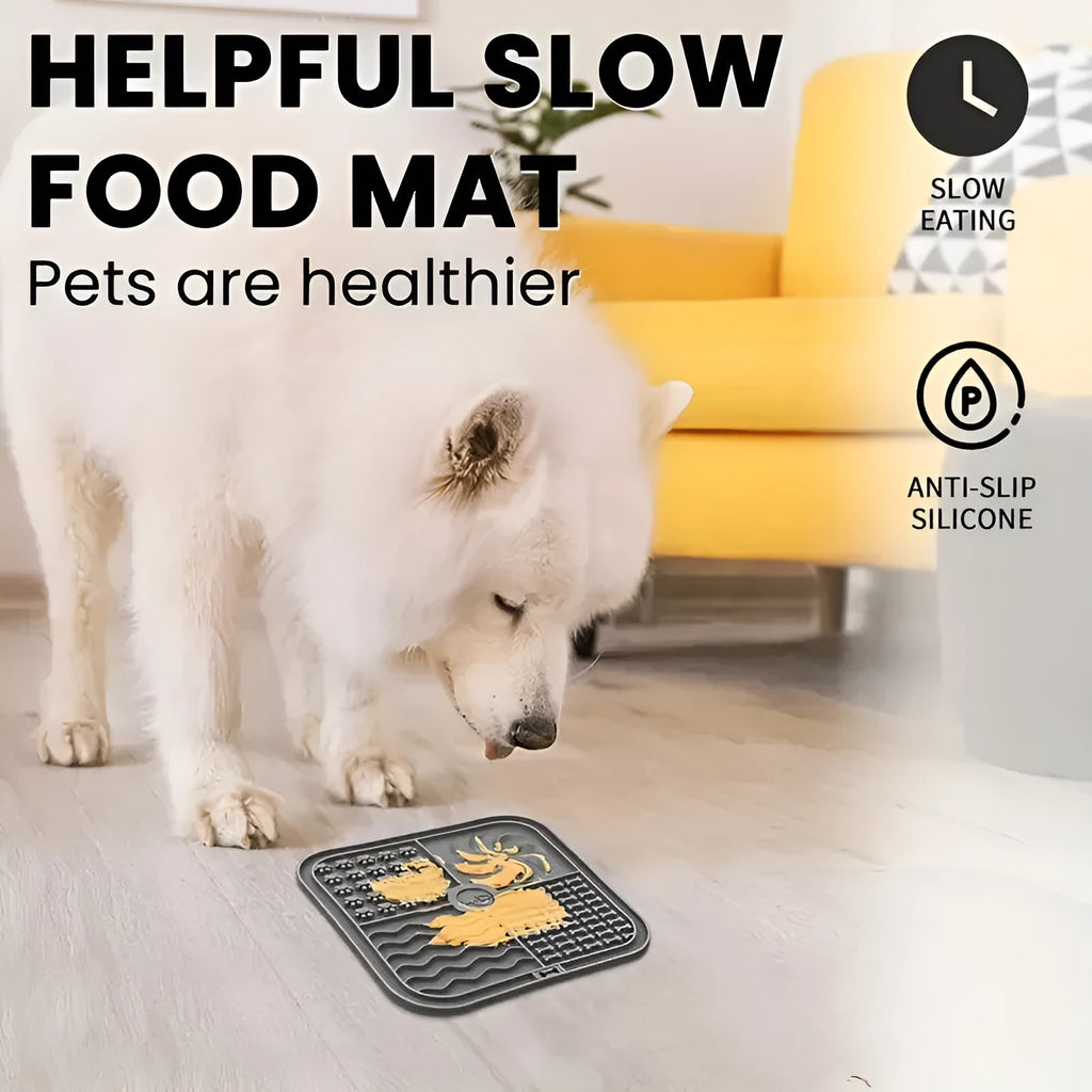 Bottom suction cup non-slip silicone pet slow food mat in gray, shown with a pet bowl on a tiled floor