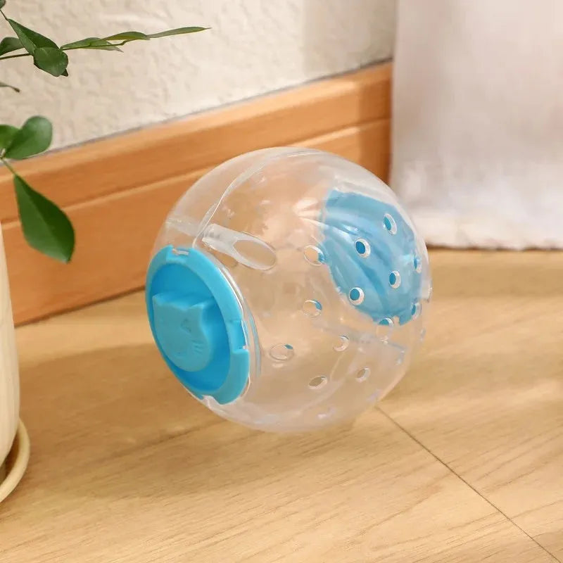 Blue slow feeding ball toy for cats and small dogs, 11.5cm diameter, made from ABS plastic