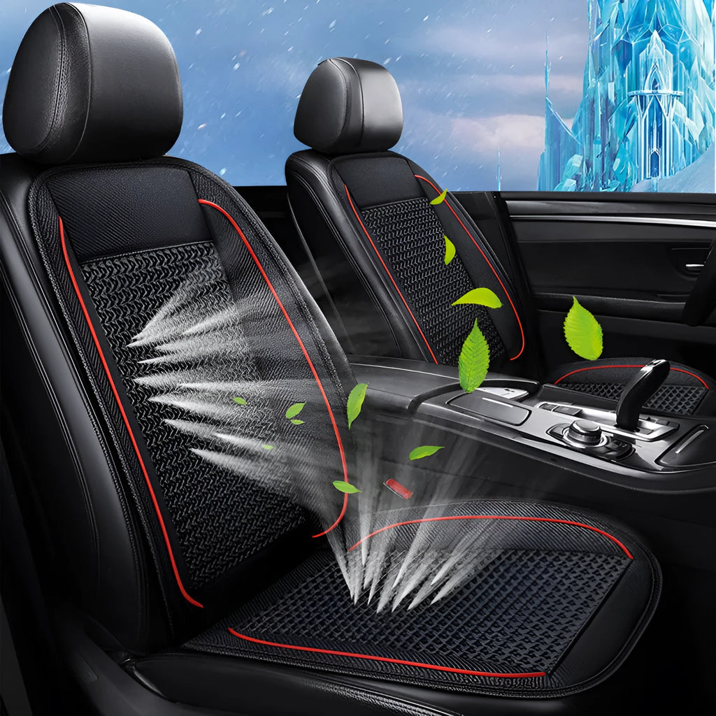 Black car ventilation seat cushion with power cord on car seat measuring 60 by 60 centimetres