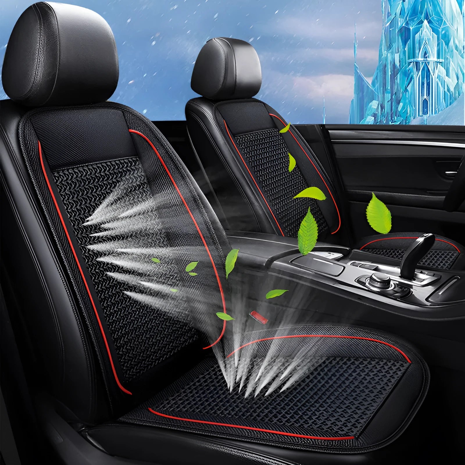 Black car ventilation seat cushion with power cord on car seat measuring 60 by 60 centimetres
