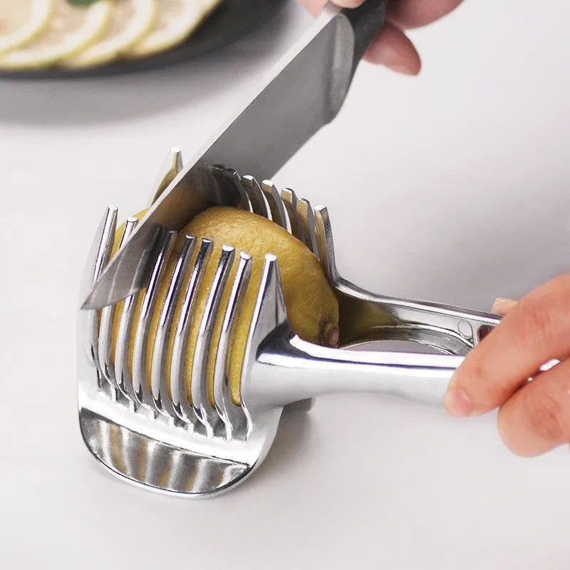 Silver plastic lemon slicer kitchen tool for cutting fruit and vegetables