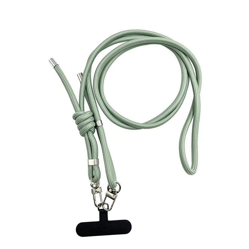 Adjustable crossbody phone lanyard in black with alloy clip, 120-160 cm length, handmade unisex mobile strap