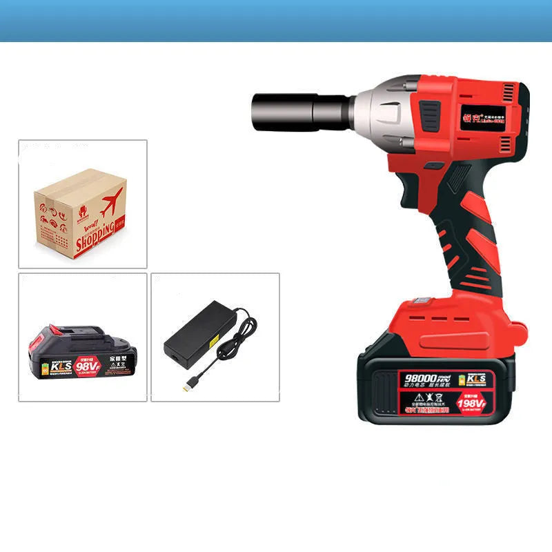 Brushless electric wrench with 20V lithium battery and charger on a workbench