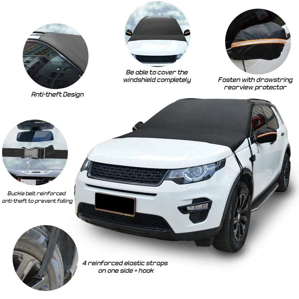 Black car windshield front snow shield cover with six elastic bands and hooks, on a car