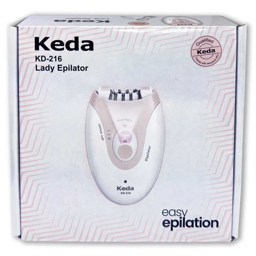 KEDA-216 coloured portable electric epilator with USB charger and cleaning brush on white background