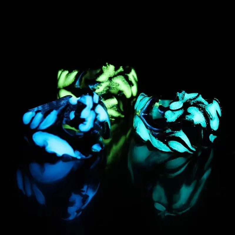 Adjustable opening Chinese style ring with luminous dragon pattern in antique silver blue and green.