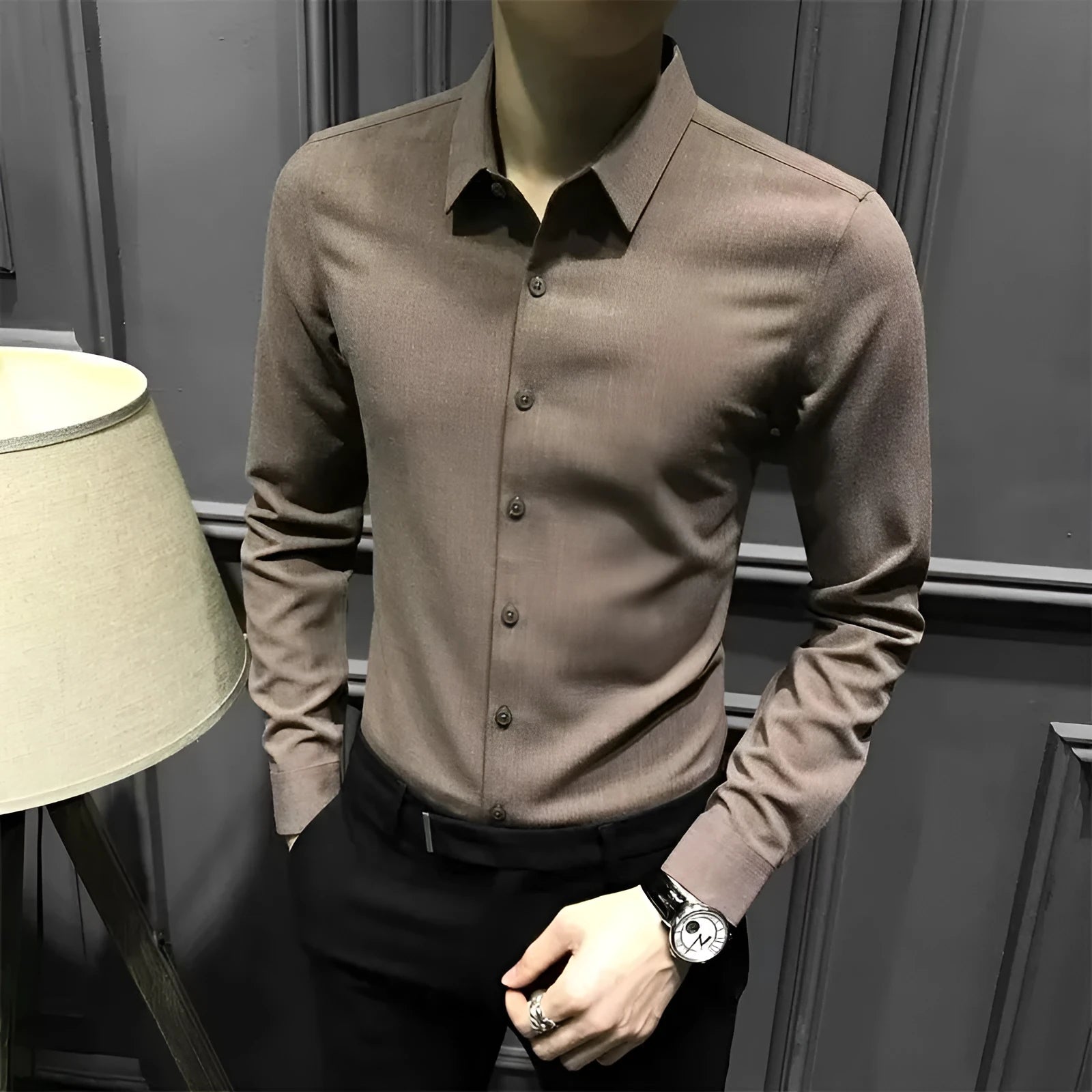 Men's loose fit long sleeve polyester shirt in black, autumn winter style, sizes M to 3XL