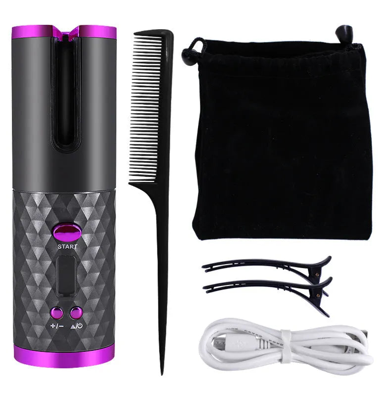 Rechargeable cordless automatic hair curler with ceramic barrel and LCD display in choice of colours.