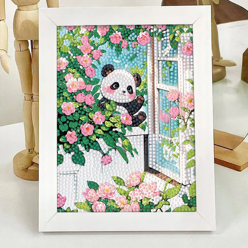 Children's DIY diamond painting kit with cartoon panda, canvas, and plastic frame
