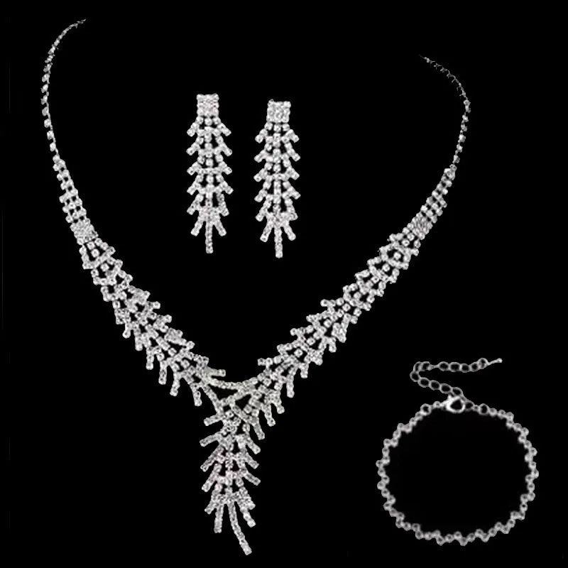 Claw chain rhinestone necklace earring bracelet set with round stones electroplated finish women European American style