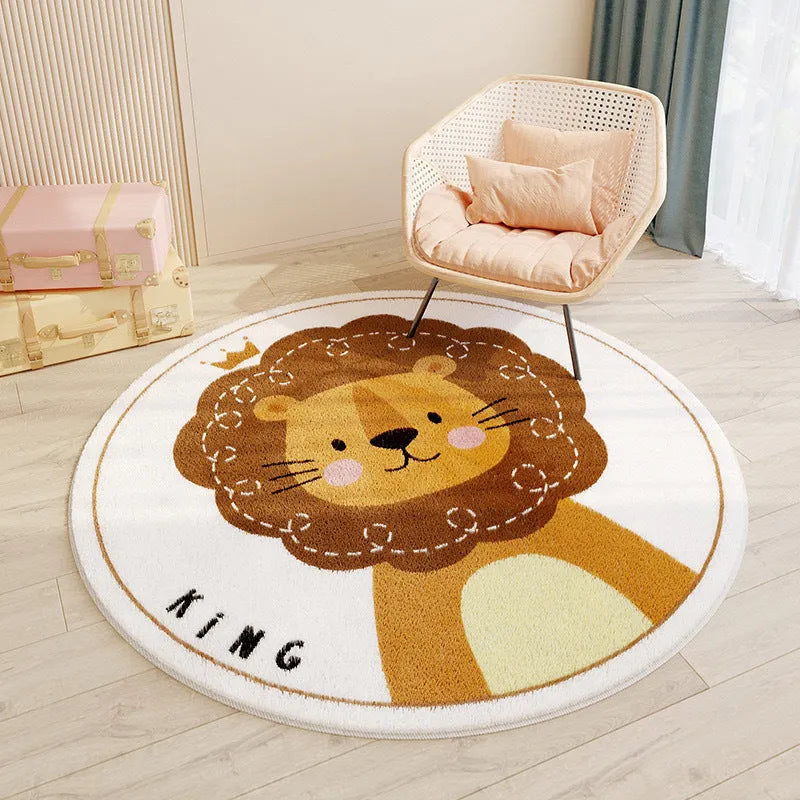 Round floor mat with printed cartoon design in polyester fibre, non-slip backing, available in sizes from 60cm to 200cm