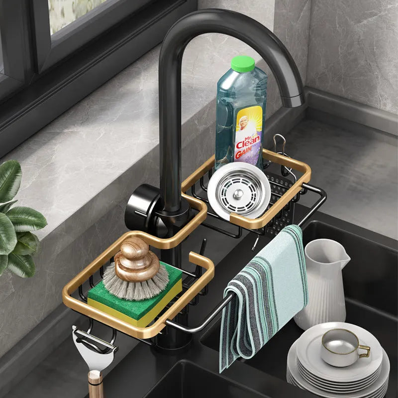 Silver single kitchen storage faucet rack drain basket made of space aluminium on sink