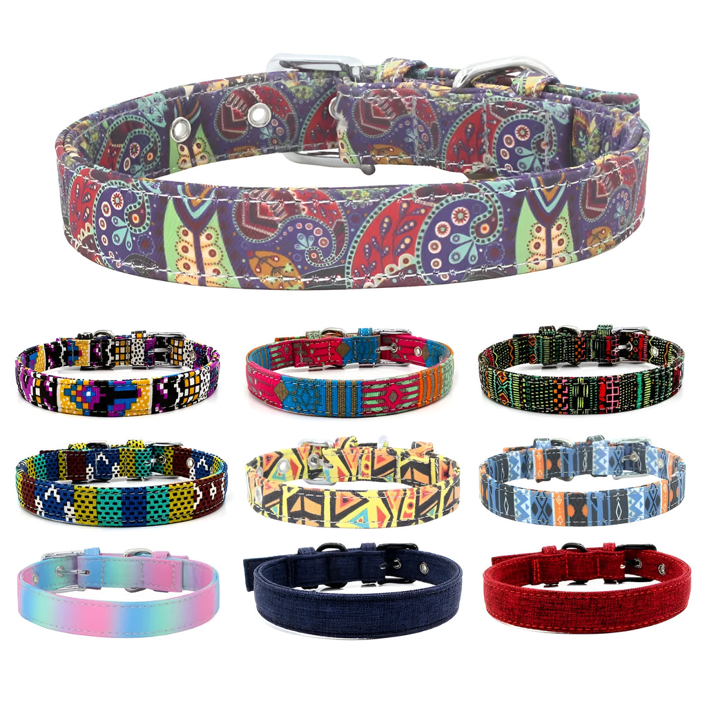 Double layer canvas dog collar with light-reflecting fabric, colourful design, sizes XS to L