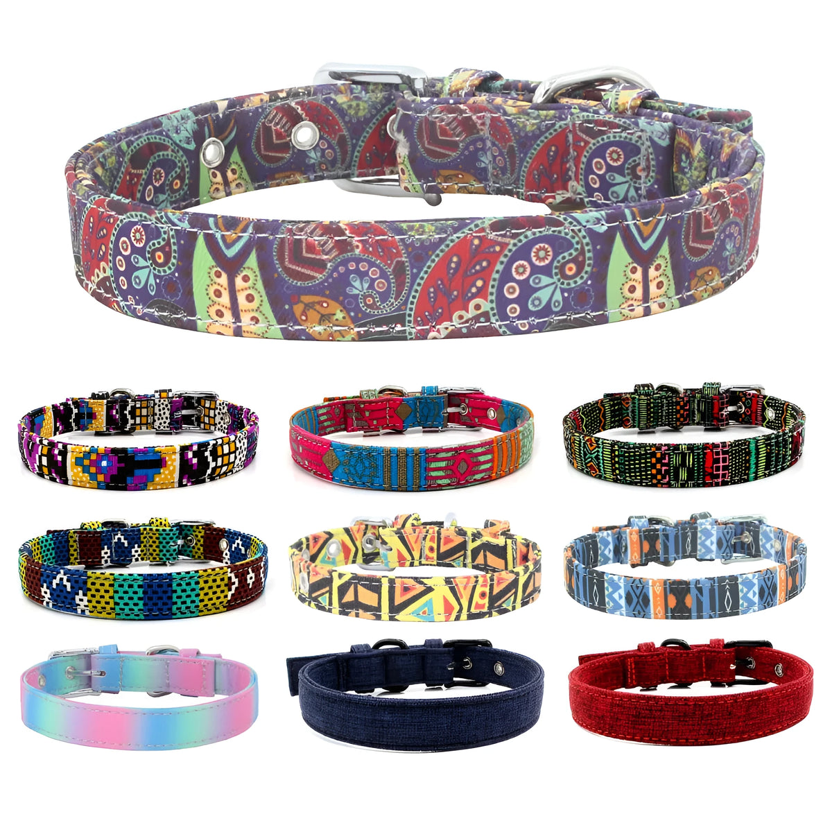 Double layer canvas dog collar with light-reflecting fabric, colourful design, sizes XS to L