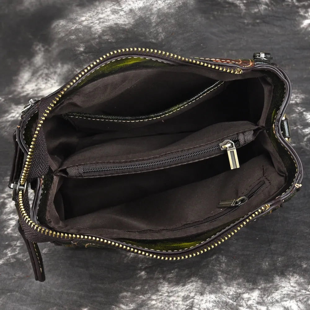 Genuine leather women's shoulder bag in square vertical design with multiple interior compartments