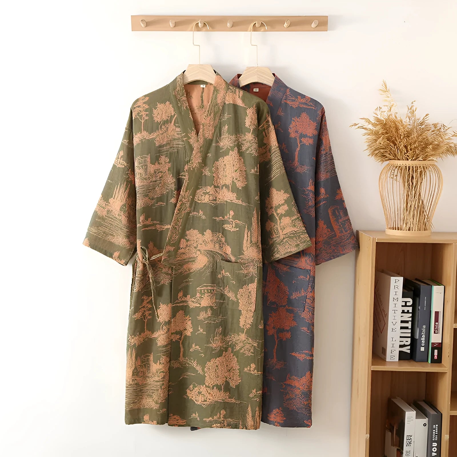 Men's cotton gauze kimono long dress bathrobe in dark blue, 95% cotton, with loose fit
