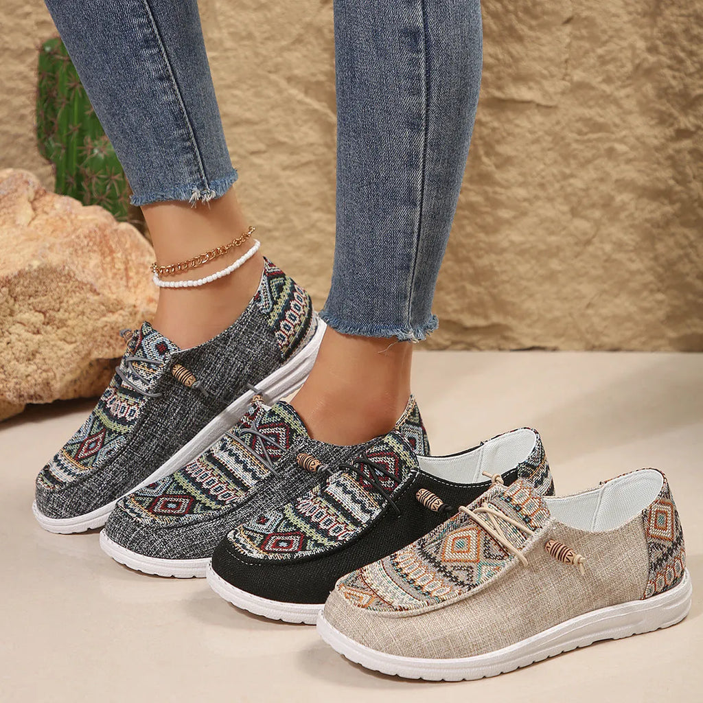 Women's flat round toe low-top shoes in artificial PU with rubber sole in black, dark grey, or khaki colours