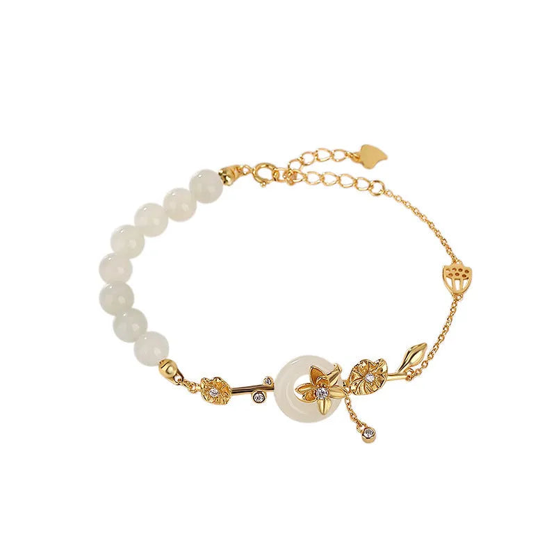 Women's silver bracelet with Hetian jade peace buckle design in gold or silver plating