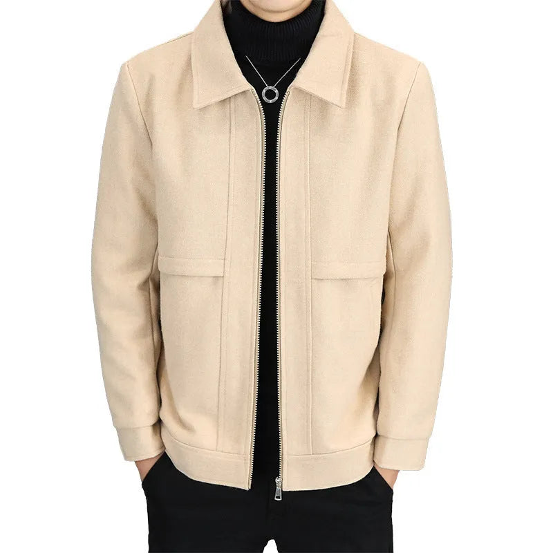 Khaki casual polo collar jacket with side seam pockets and regular sleeves