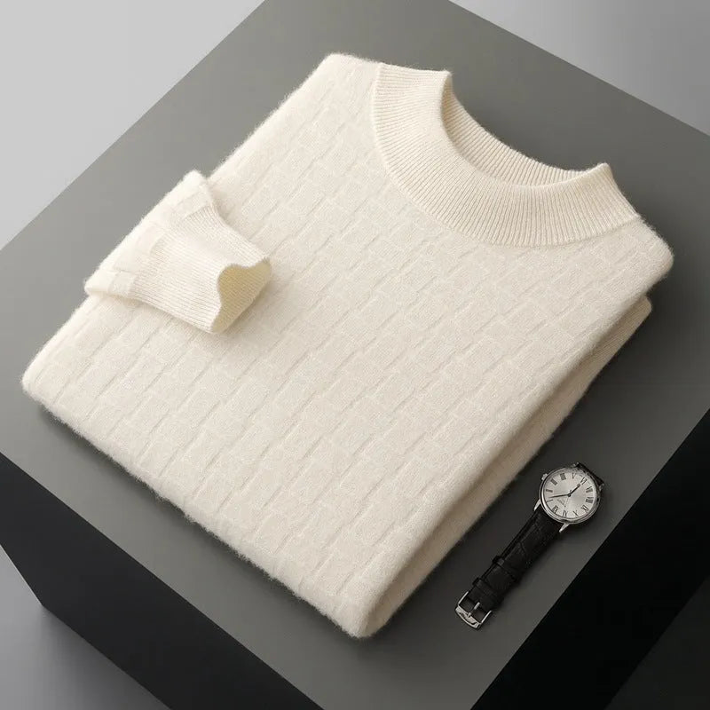 Men's half-high collar pullover sweater in wool, winter long sleeve loose fit, light gray colour