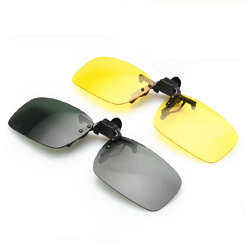 PC plastic clip-on sunglasses designed to fit over prescription glasses for driving and outdoor use.