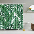 Tropical shower curtain with green leaves and white flowers on off-white background, digital print, polyester rectangular 180x180cm