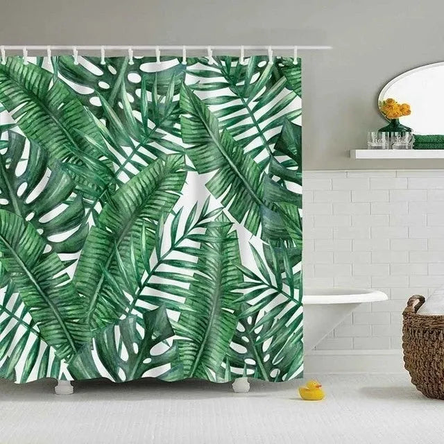 Tropical shower curtain with green leaves and white flowers on off-white background, digital print, polyester rectangular 180x180cm