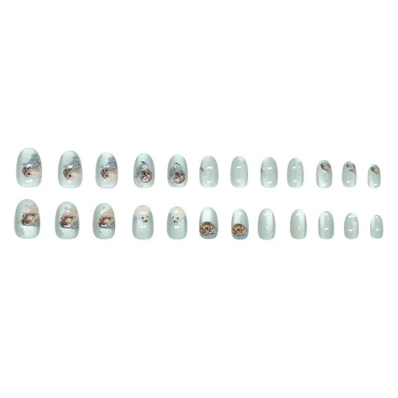 Cat eye summer ocean false nails in short oval shape with glue, detachable patch set for ladies