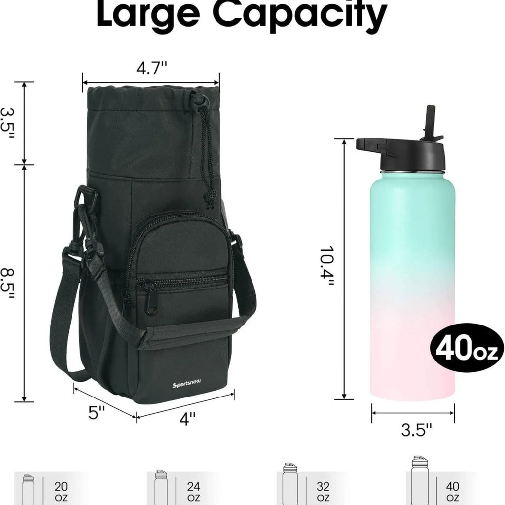 Cloth crossbody water bottle pouch in black, adjustable strap for hands-free carrying.