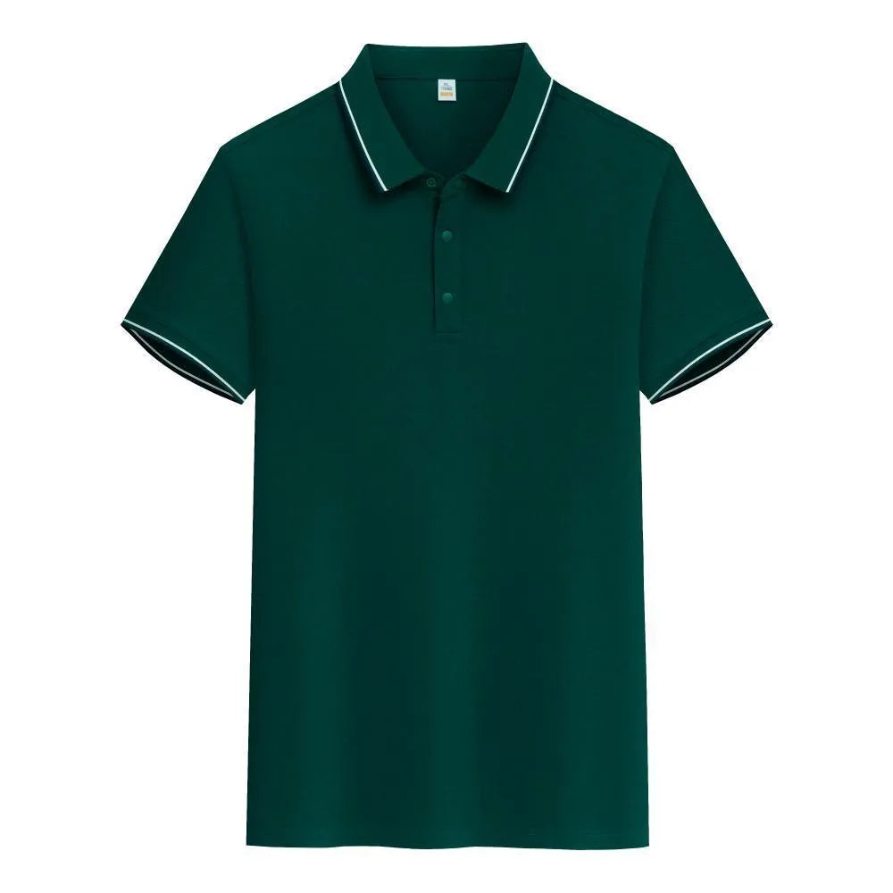 Pure cotton soft polo shirt with lapel collar and short sleeves in army green, straight fit, business casual men's top