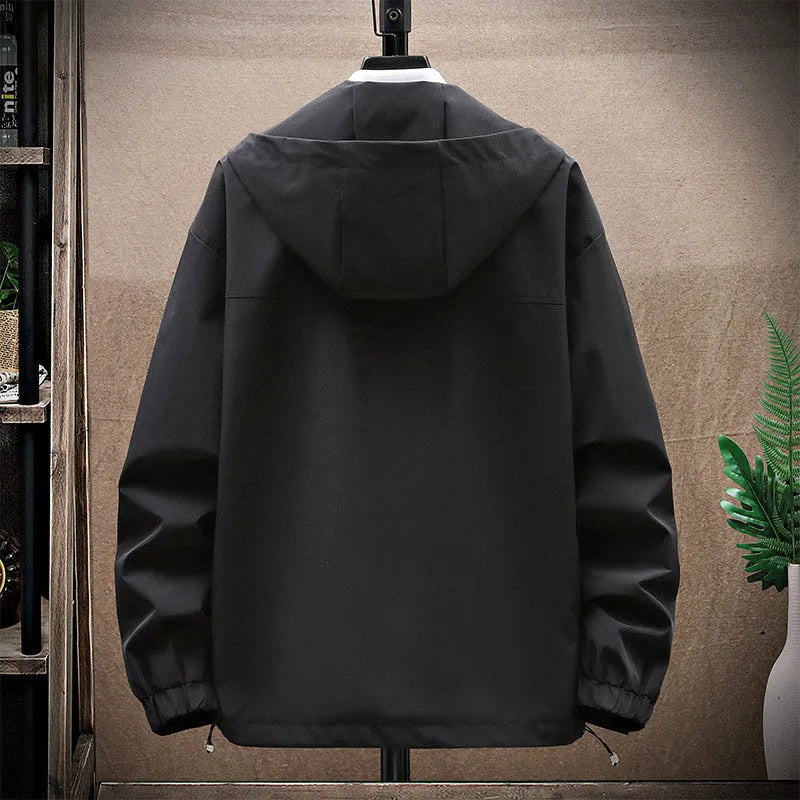 Men's waterproof windproof hood shell jacket in Army Green, loose fit, polyester outdoor coat