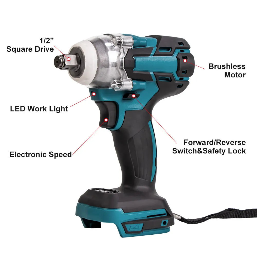 Dual use brushless electric wrench with 12.5 mm square head, 780 N.m torque, 4500 RPM, orange or blue head options